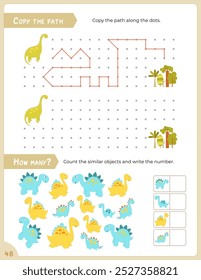 Activity Pages for Kids book. Printable Activity Sheet with Dinosaur Activities – how many, copy the path. Vector illustration.