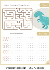 Activity Pages for Kids book. Printable Activity Sheet with dinosaurs Activities –  maze, continue patterns. Vector illustration.