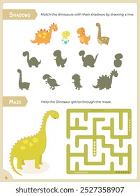 Activity Pages for Kids book. Printable Activity Sheet with dinosaurs Activities –  maze, find correct shadow. Vector illustration.