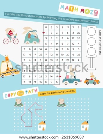 Activity Pages for Kids book. Printable Activity Sheet with Animals Activities – math maze, copy the path. Vector illustration.