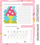 Activity Pages for Kids. Printable Activity Sheet with Unicorn Activities –  coloring, hidden word. Vector illustration.