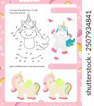 Activity Pages for Kids. Printable Activity Sheet with Unicorn Activities – dot to dot, find 5 differences. Vector illustration.