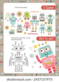 Páginas de actividades para niños. Hoja Imprimible con Actividades de Robots - Punto a punto, Encuentra dos iguales. Ilustración vectorial.