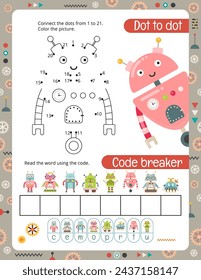 Activity Pages for Kids. Printable Activity Sheet with Robots Activities – Word Code breaker, Dot to dot. Vector illustration.