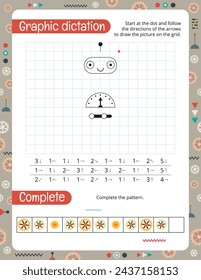 Activity Pages for Kids. Printable Activity Sheet with Robots Activities – graphic dictation, complete pattern. Vector illustration.