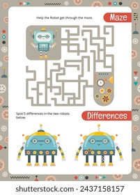 Activity Pages for Kids. Printable Activity Sheet with Robots Activities – Maze, Spot differences. Vector illustration.