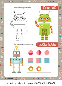 Activity Pages for Kids. Printable Activity Sheet with Cute Robots Mini Games – Finish robot, Logic table. Page for Children Activity Book. Vector illustration.