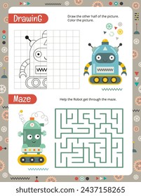 Activity Pages for Kids. Printable Activity Sheet with Robots Activities – Maze, Drawing. Vector illustration.