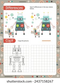 Activity Pages for Kids. Printable Activity Sheet with Robots Activities – copy the picture, spot differences. Vector illustration.