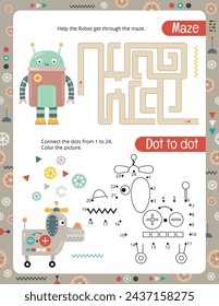 Activity Pages for Kids. Printable Activity Sheet with Robots Activities – Maze, Dot to dot. Vector illustration.