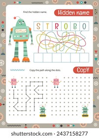 Activity Pages for Kids. Printable Activity Sheet with Cute Robots Mini Games – Copy the path, find hidden name. Page for Children Activity Book. Vector illustration.