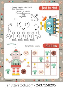 Activity Pages for Kids. Printable Activity Sheet with Robots Activities – Sudoku, Dot to dot. Vector illustration.