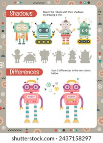 Activity Pages for Kids. Printable Activity Sheet with Robots Activities – Matching game find shadow, spot differences. Vector illustration.