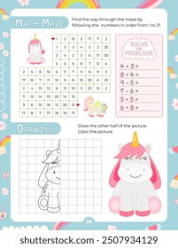 Aktivitätsseiten für Kinder. Druckbares Aktivitätenblatt mit Unicorn-Aktivitäten - mathematisches Labyrinth, die Hälfte zeichnen, Probleme lösen. Vektorgrafik.