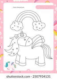 Páginas de actividad para niños. Hoja de actividad imprimible con actividades de unicornio – página para colorear. Ilustración vectorial.