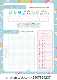 Activity Pages for Kids. Printable Activity Sheet with Unicorn Activities –  code breaker, drawing, solve problems. Vector illustration.