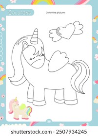 Activity Pages for Kids. Printable Activity Sheet with Unicorn Activities – coloring page. Vector illustration.