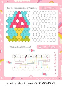 Activity Pages for Kids. Printable Activity Sheet with Unicorn Activities –  coloring, hidden word. Vector illustration.