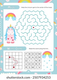 Activity Pages for Kids. Printable Activity Sheet with Unicorn Activities –  maze, read the word. Vector illustration.