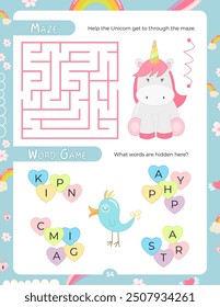 Activity Pages for Kids. Printable Activity Sheet with Unicorn Activities –  Maze, Find the hidden words in mixed letters. Vector illustration.