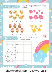 Activity Pages for Kids. Printable Activity Sheet with Unicorn Activities –  how many, draw the other half. Vector illustration.