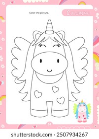 Aktivitätsseiten für Kinder. Druckbares Aktivitätsblatt mit Unicorn Aktivitäten - Malvorlage. Vektorgrafik.