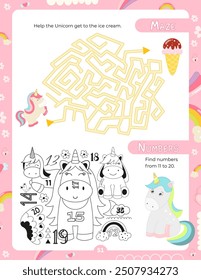 Activity Pages for Kids. Printable Activity Sheet with Unicorn Activities –  maze, find numbers. Vector illustration.