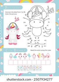 Activity Pages for Kids. Printable Activity Sheet with Unicorn Activities – find the way, dot to dot. Vector illustration.