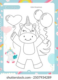 Activity Pages for Kids. Printable Activity Sheet with Unicorn Activities – coloring page. Vector illustration.