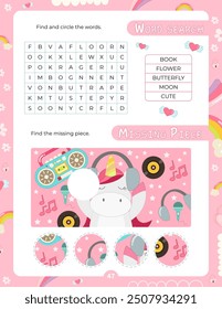 Activity Pages for Kids. Printable Activity Sheet with Unicorn Activities –  find missing piece, word search. Vector illustration.