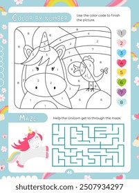 Activity Pages for Kids. Printable Activity Sheet with Unicorn Activities –  color by number, maze. Vector illustration.