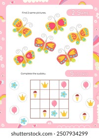 Activity Pages for Kids. Printable Activity Sheet with Unicorn Activities –  find two same pictures, sudoku. Vector illustration.