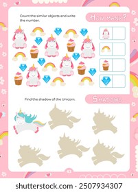 Activity Pages for Kids. Printable Activity Sheet with Unicorn Activities –  how many, find correct shadow. Vector illustration.