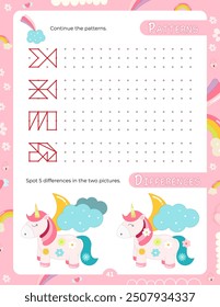 Activity Pages for Kids. Printable Activity Sheet with Unicorn Activities –  continue patterns, spot 5 differences. Vector illustration.