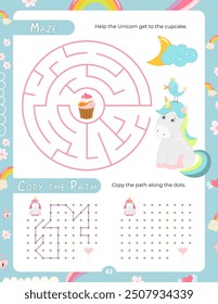 Activity Pages for Kids. Printable Activity Sheet with Unicorn Activities –  maze, copy the path. Vector illustration.