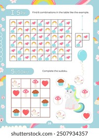 Activity Pages for Kids. Printable Activity Sheet with Unicorn Activities – I spy, sudoku. Vector illustration.