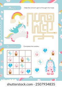 Activity Pages for Kids. Printable Activity Sheet with Unicorn Activities – maze, sudoku. Vector illustration.