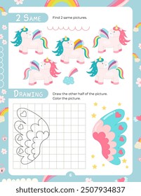 Activity Pages for Kids. Printable Activity Sheet with Unicorn Activities – 2 same, draw other half. Vector illustration.