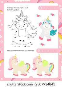 Activity Pages for Kids. Printable Activity Sheet with Unicorn Activities – dot to dot, find 5 differences. Vector illustration.