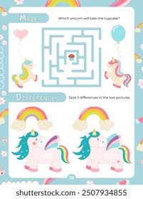 Aktivitätsseiten für Kinder. Druckbares Aktivitätenblatt mit Unicorn-Aktivitäten - Labyrinth, Spot 5 Unterschiede. Vektorgrafik.