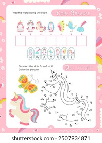 Activity Pages for Kids. Printable Activity Sheet with Unicorn Activities – find the way, dot to dot. Vector illustration.