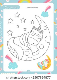 Activity Pages for Kids. Printable Activity Sheet with Unicorn Activities – coloring page. Vector illustration.