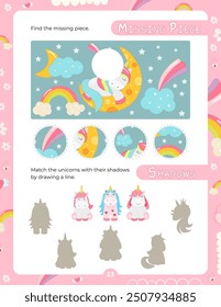 Activity Pages for Kids. Printable Activity Sheet with Unicorn Activities – missing piece, correct shadow. Vector illustration.