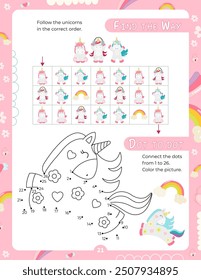 Activity Pages for Kids. Printable Activity Sheet with Unicorn Activities – find the way, dot to dot. Vector illustration.