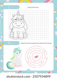 Aktivitätsseiten für Kinder. Druckbares Aktivitätenblatt mit Unicorn-Aktivitäten - Labyrinth, kopieren Sie das Bild. Vektorgrafik.