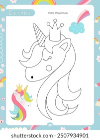 Activity Pages for Kids. Printable Activity Sheet with Unicorn Activities – coloring page. Vector illustration.