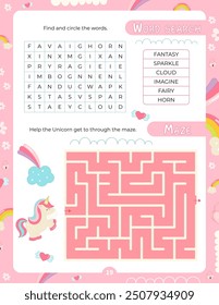 Activity Pages for Kids. Printable Activity Sheet with Unicorn Activities – word search, maze. Vector illustration.