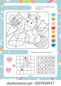Activity Pages for Kids. Printable Activity Sheet with Unicorn Activities – color by number, word game. Vector illustration.