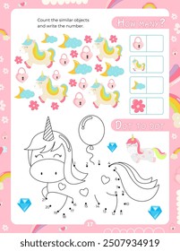 Activity Pages for Kids. Printable Activity Sheet with Unicorn Activities – how many, dot to dot. Vector illustration.