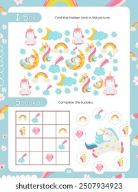 Activity Pages for Kids. Printable Activity Sheet with Unicorn Activities – I spy, sudoku. Vector illustration.